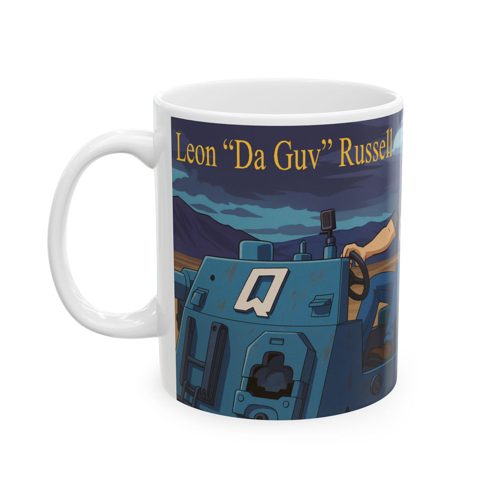 Sci-Fi Ceramic Mug featuring Leon "Da Guv" Russell driving The Banshee tank from the book "Da Guv", Gift for Book