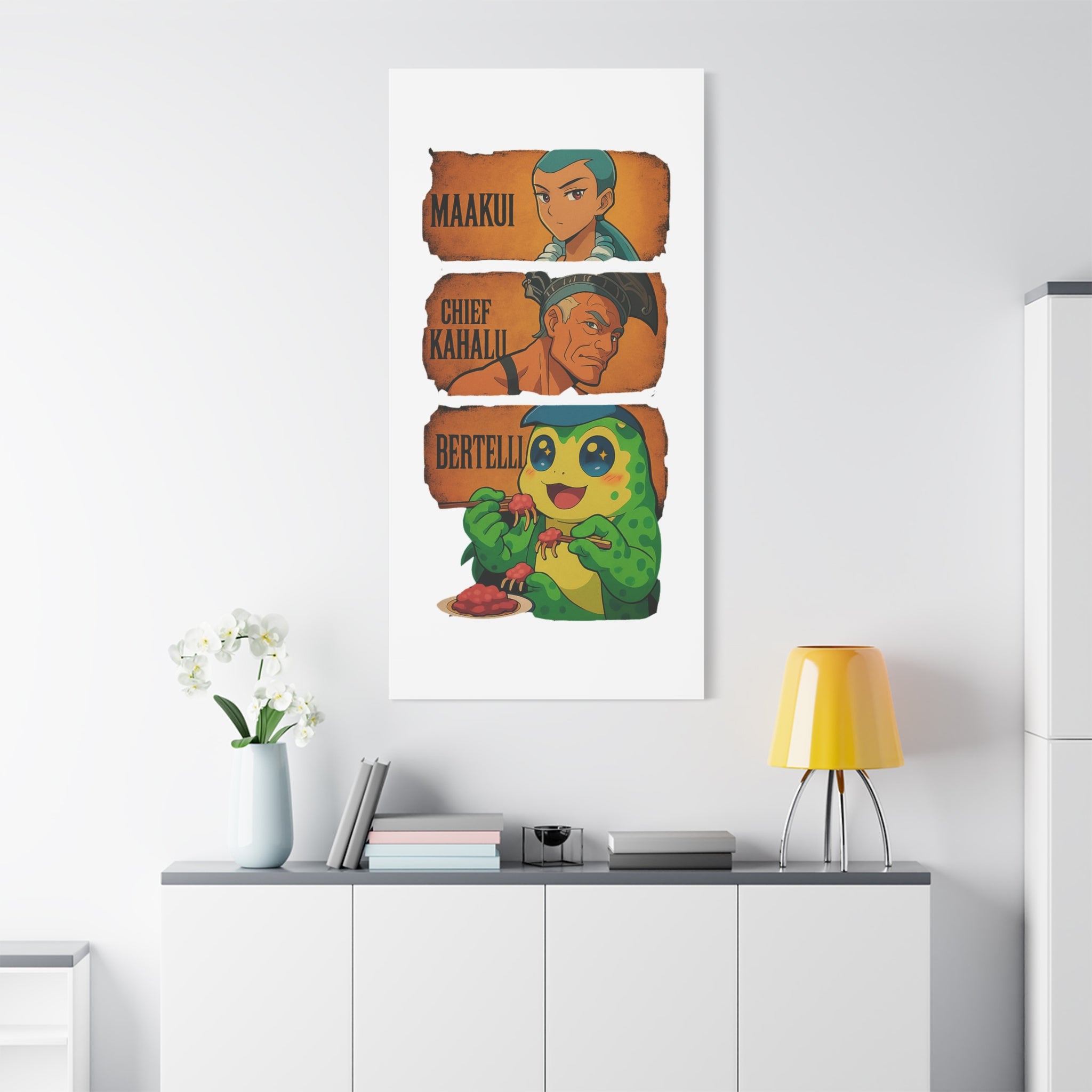 Canvas Wall Art, Anime Style Characters Maakui, Chief Kahalu and Bertelli, Home Decor for Gamers and Collectors, Gift Idea