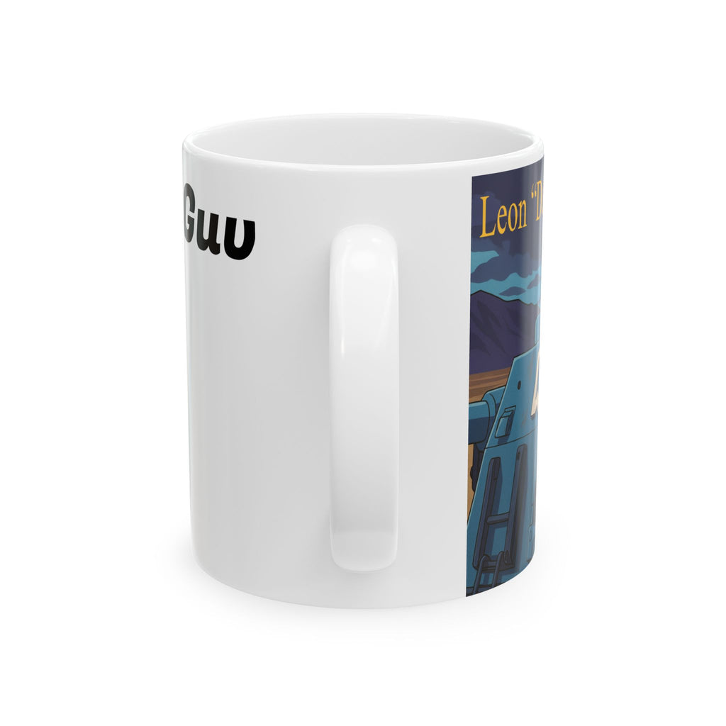 Sci-Fi Ceramic Mug featuring Leon "Da Guv" Russell driving The Banshee tank from the book "Da Guv", Gift for Book