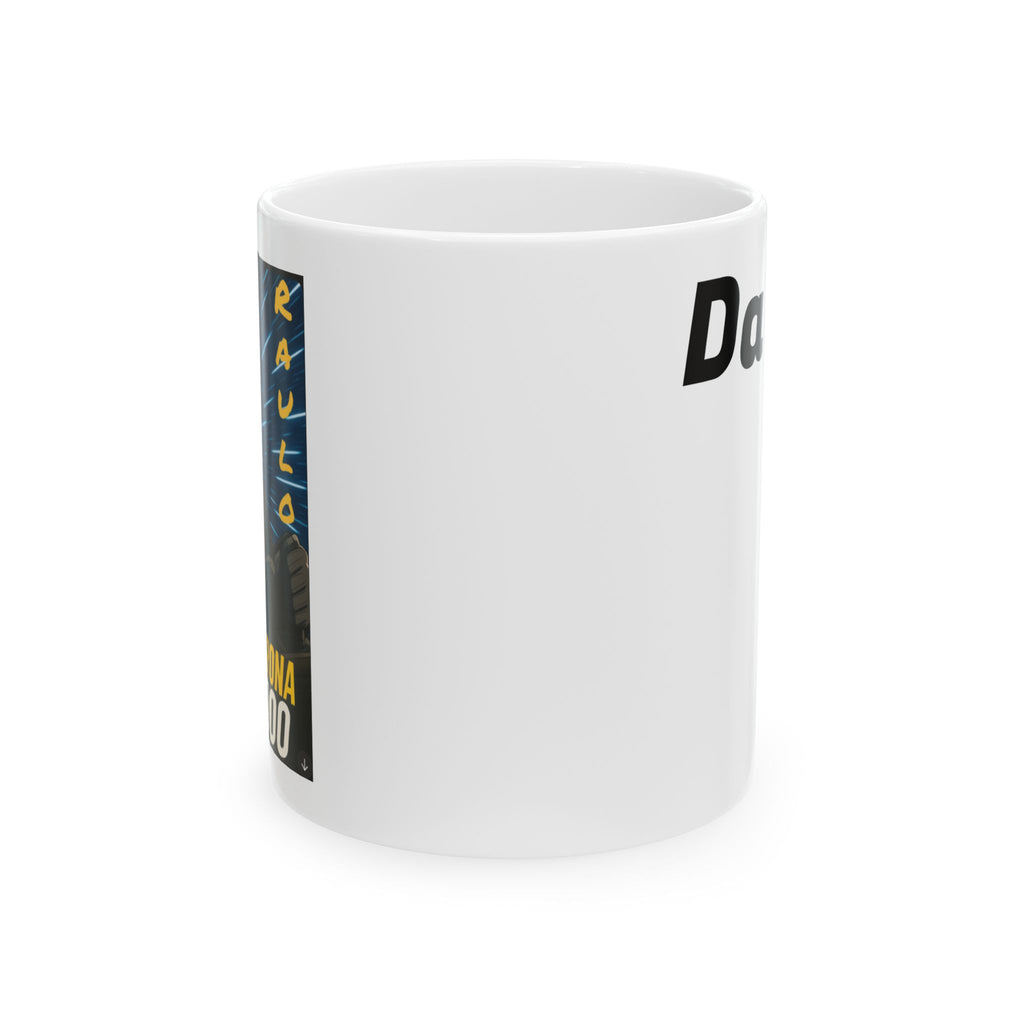 Ceramic Mug, featuring anime of Raulo driving the Testosterona 7000 from Da Guv, Sci-Fi Book Gift, Novelty Coffee Cup, Geeky Tea Mug,