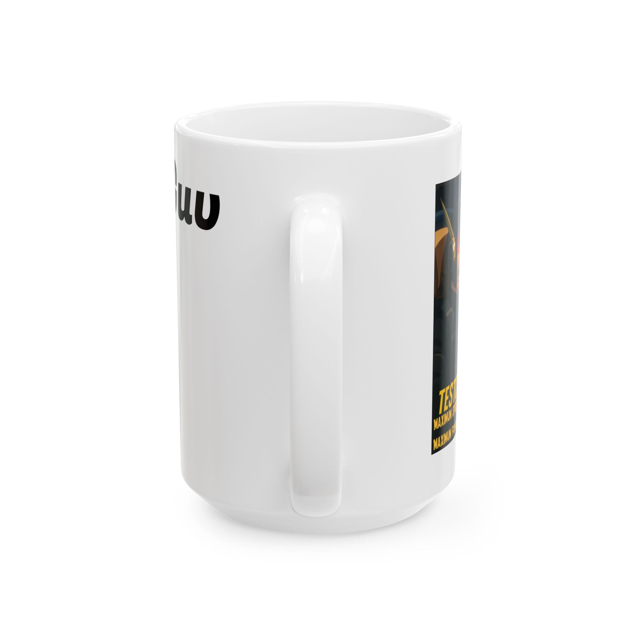 Ceramic Mug, featuring anime of Raulo driving the Testosterona 7000 from Da Guv, Sci-Fi Book Gift, Novelty Coffee Cup, Geeky Tea Mug,