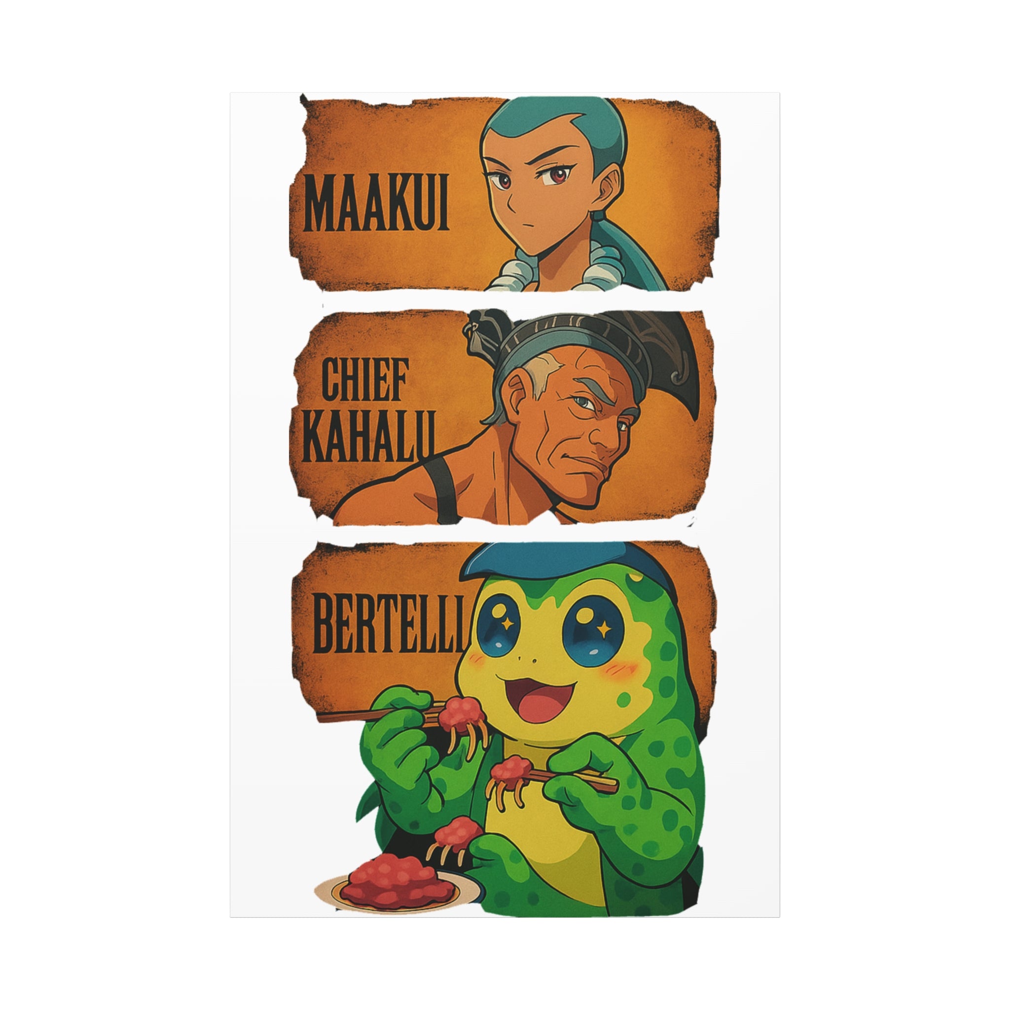 Canvas Wall Art, Anime Style Characters Maakui, Chief Kahalu and Bertelli, Home Decor for Gamers and Collectors, Gift Idea