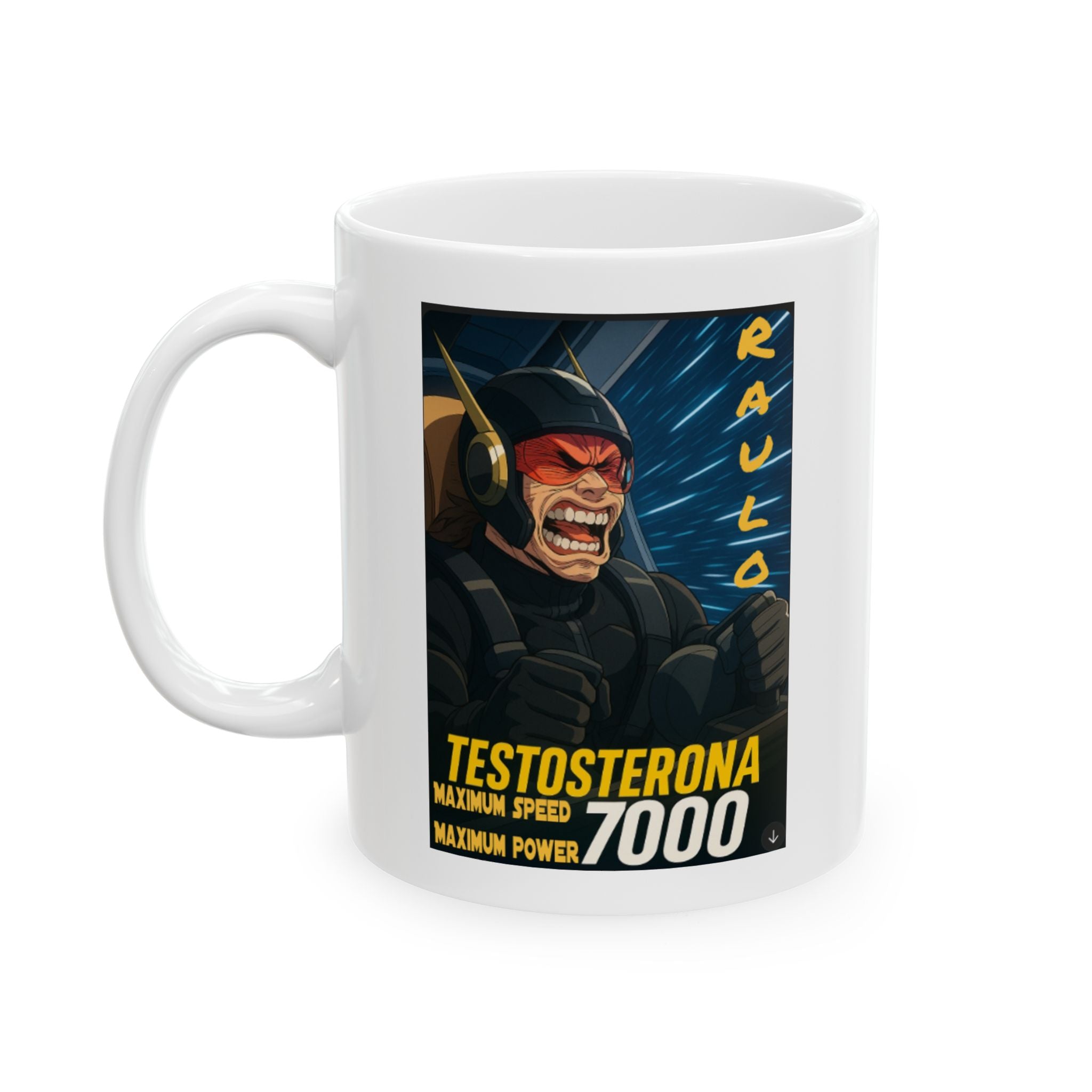 Ceramic Mug, featuring anime of Raulo driving the Testosterona 7000 from Da Guv, Sci-Fi Book Gift, Novelty Coffee Cup, Geeky Tea Mug,