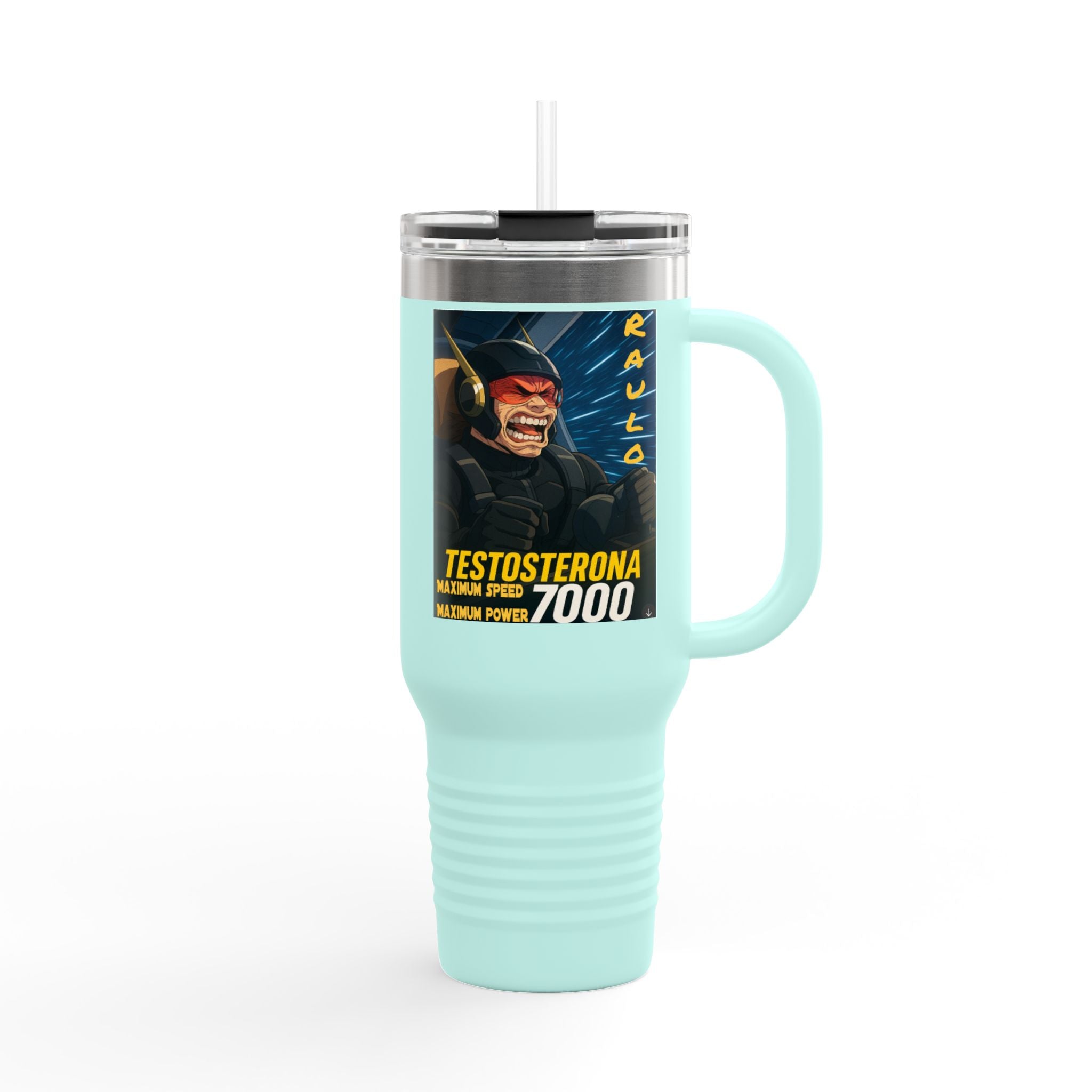Bold Insulated Travel Mug - 40oz | Anime Raulo Testosterona 7000, Hot/Cold Beverages, Camping, Morning Coffee
