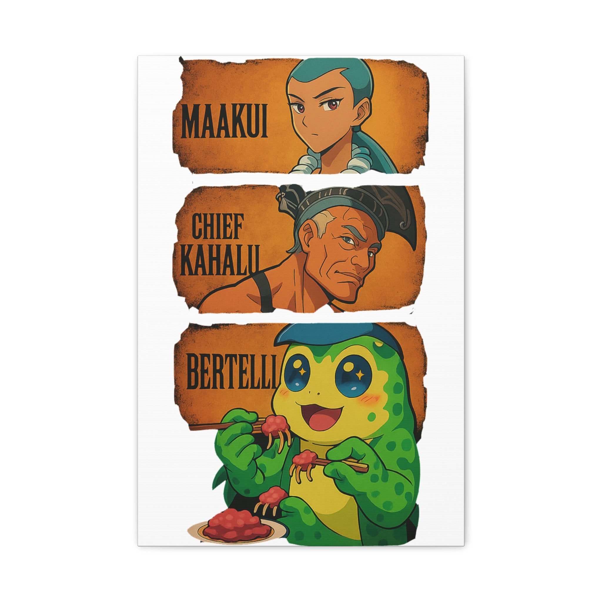 Canvas Wall Art, Anime Style Characters Maakui, Chief Kahalu and Bertelli, Home Decor for Gamers and Collectors, Gift Idea