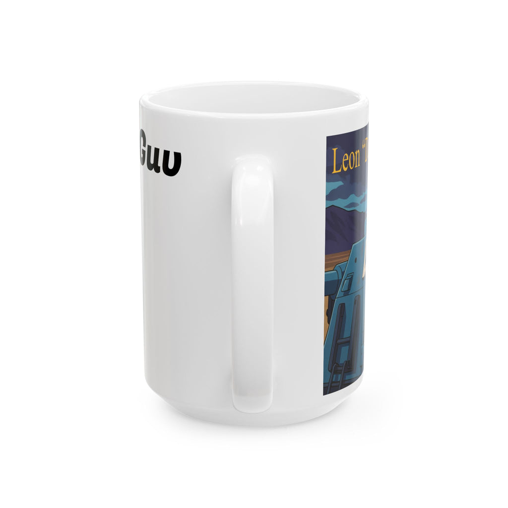 Sci-Fi Ceramic Mug featuring Leon "Da Guv" Russell driving The Banshee tank from the book "Da Guv", Gift for Book