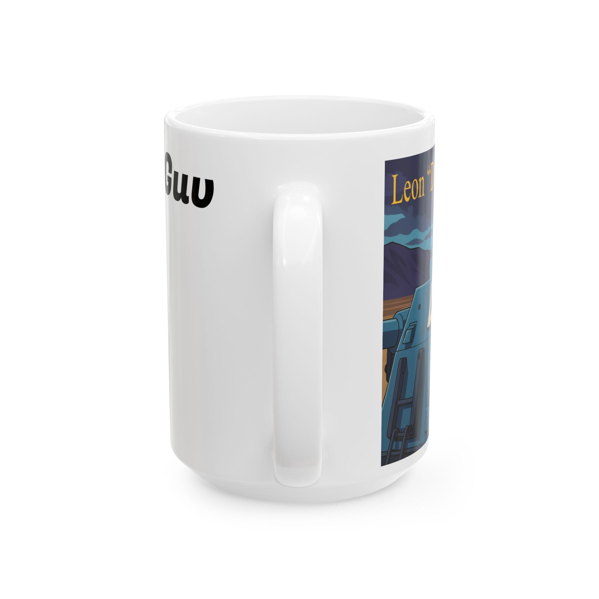 Sci-Fi Ceramic Mug featuring Leon "Da Guv" Russell driving The Banshee tank from the book "Da Guv", Gift for Book