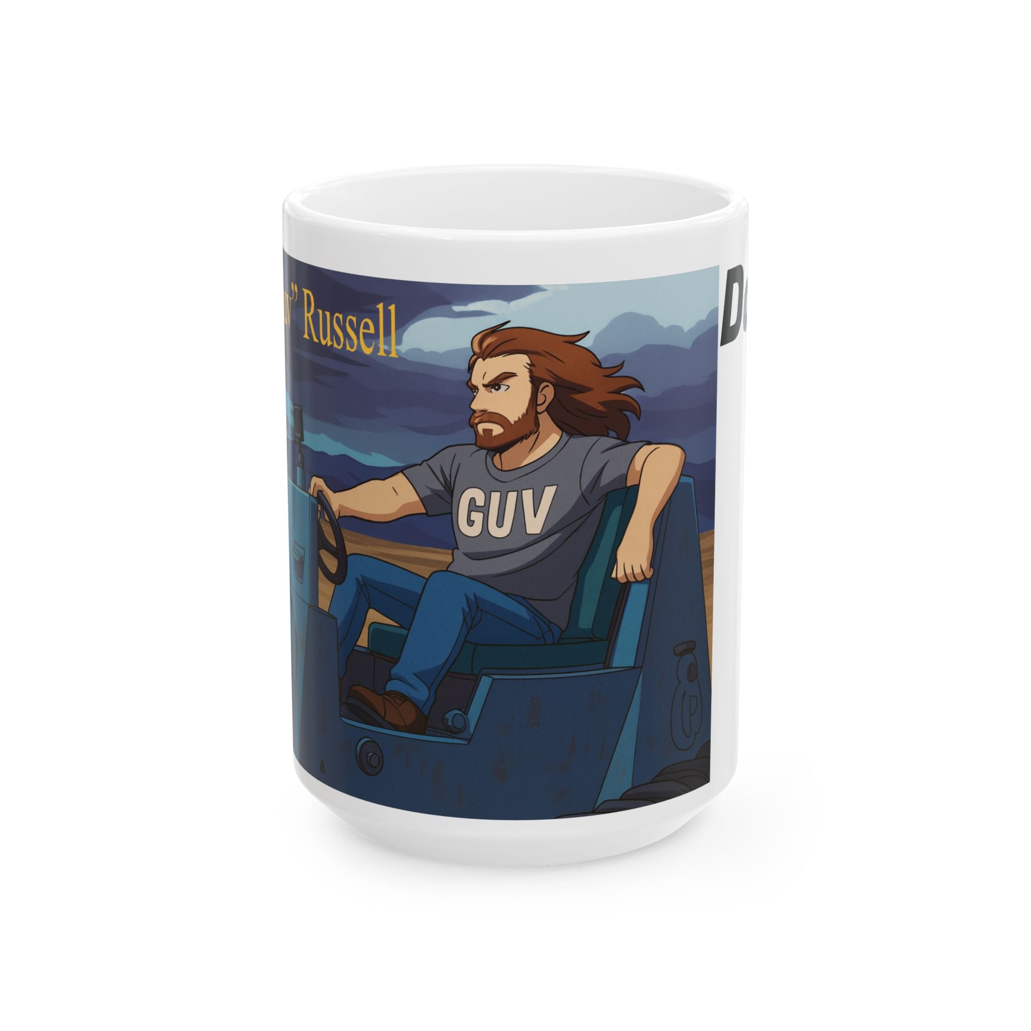 Sci-Fi Ceramic Mug featuring Leon "Da Guv" Russell driving The Banshee tank from the book "Da Guv", Gift for Book
