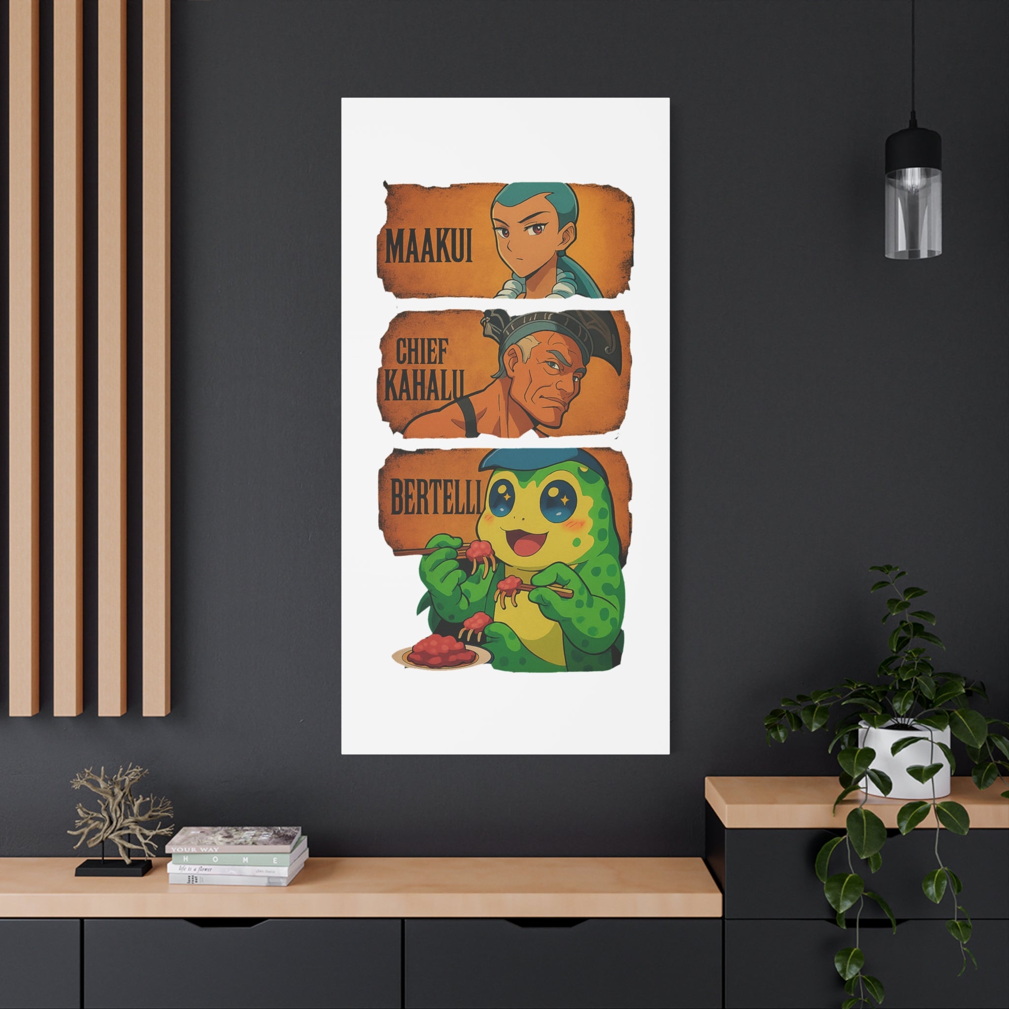 Canvas Wall Art, Anime Style Characters Maakui, Chief Kahalu and Bertelli, Home Decor for Gamers and Collectors, Gift Idea