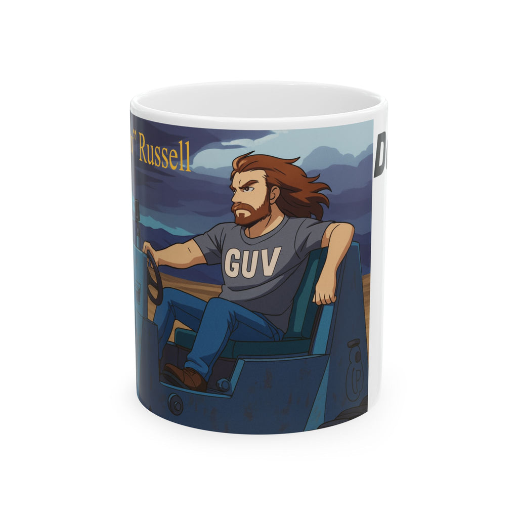 Sci-Fi Ceramic Mug featuring Leon "Da Guv" Russell driving The Banshee tank from the book "Da Guv", Gift for Book