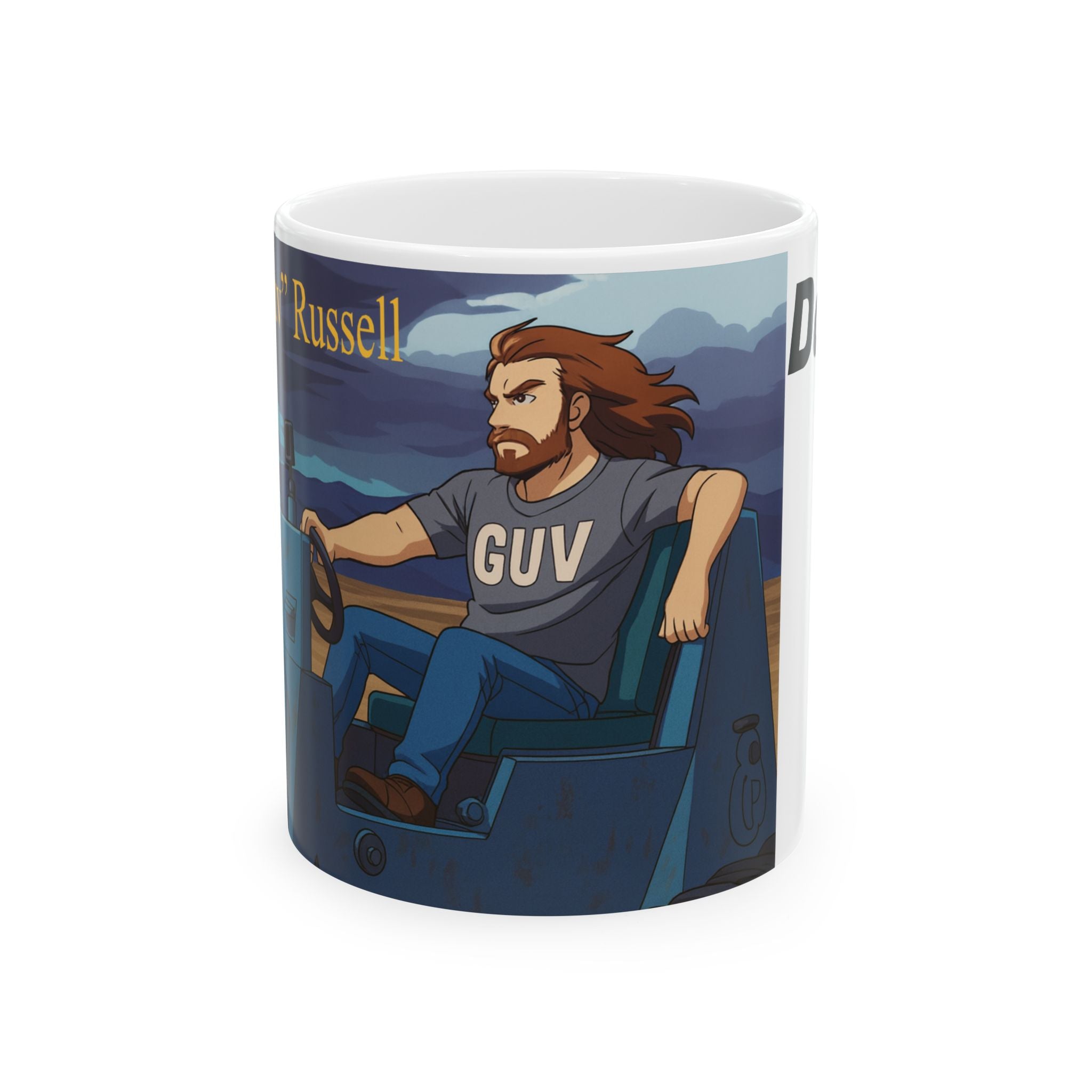 Sci-Fi Ceramic Mug featuring Leon "Da Guv" Russell driving The Banshee tank from the book "Da Guv", Gift for Book