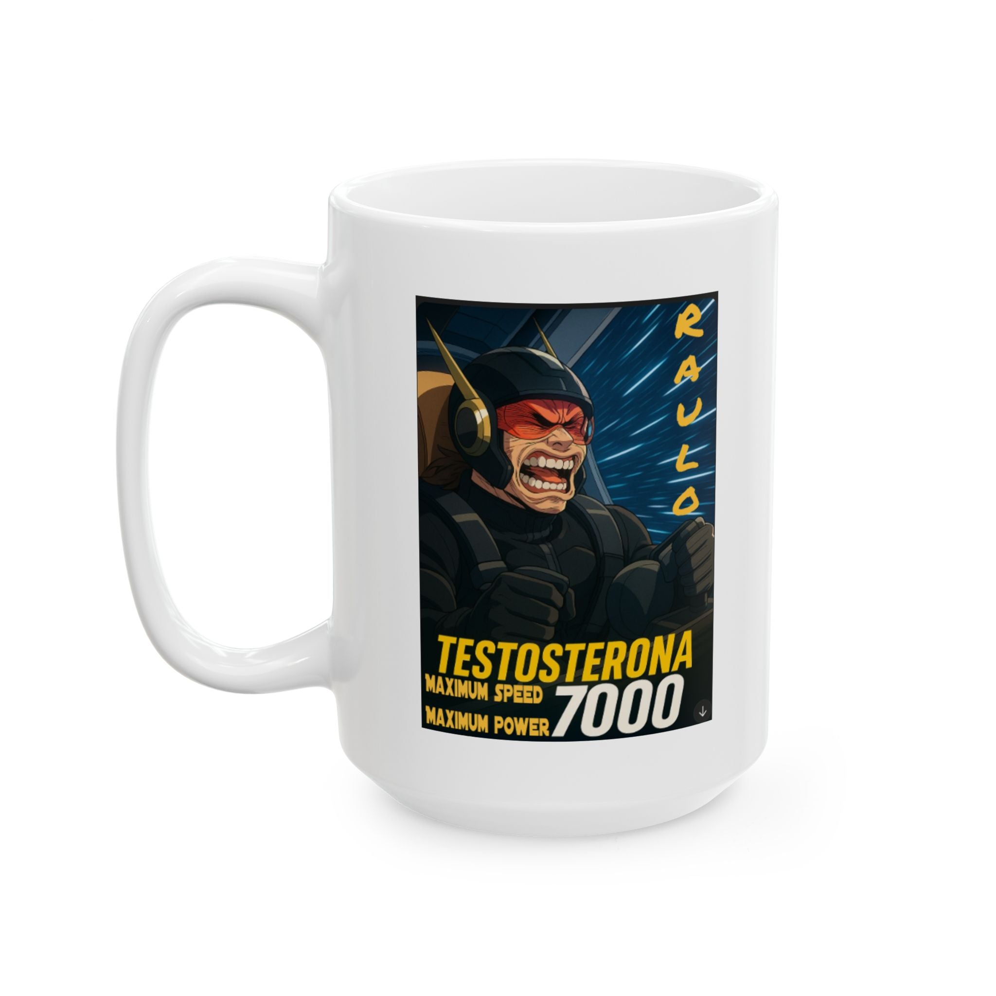 Ceramic Mug, featuring anime of Raulo driving the Testosterona 7000 from Da Guv, Sci-Fi Book Gift, Novelty Coffee Cup, Geeky Tea Mug,