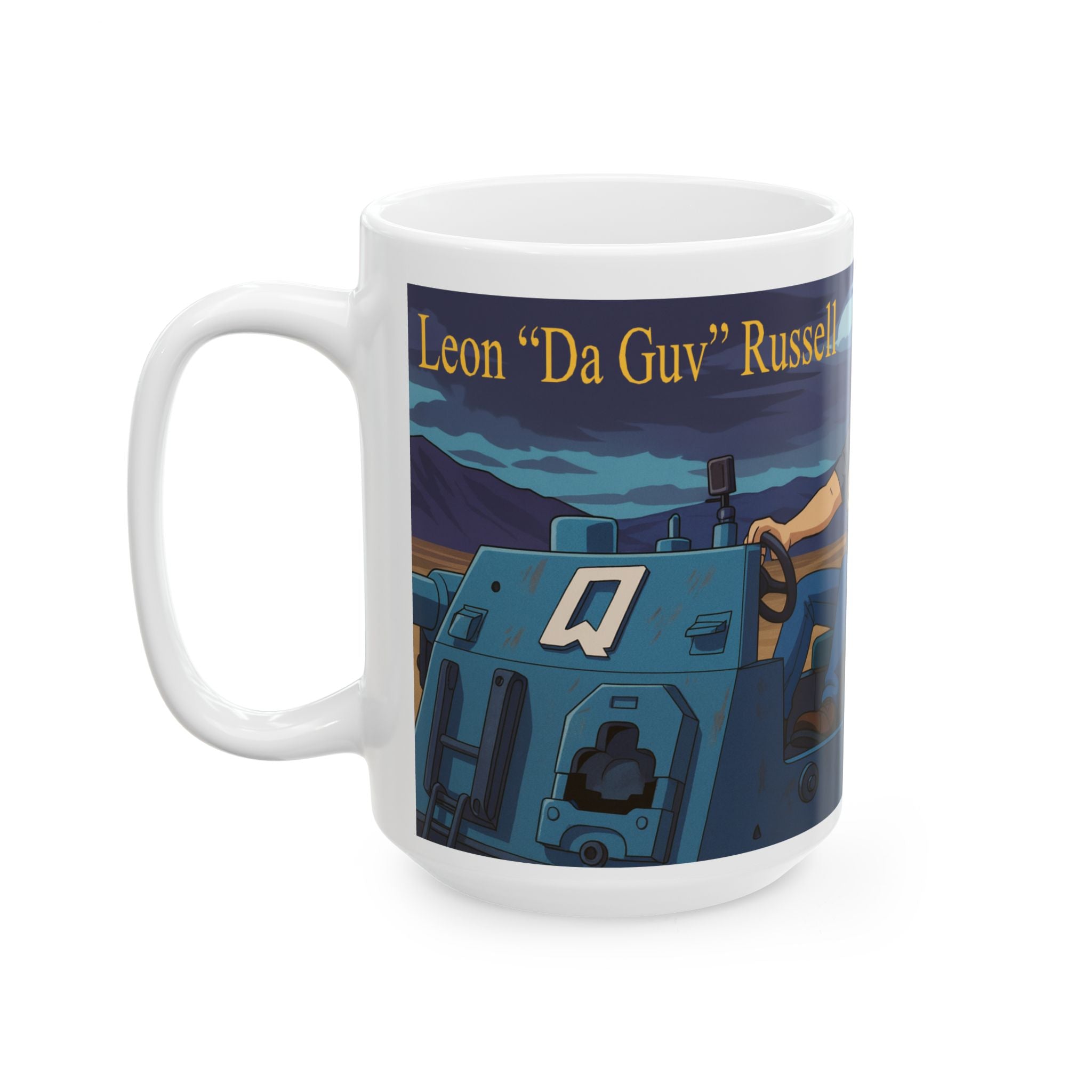 Sci-Fi Ceramic Mug featuring Leon "Da Guv" Russell driving The Banshee tank from the book "Da Guv", Gift for Book